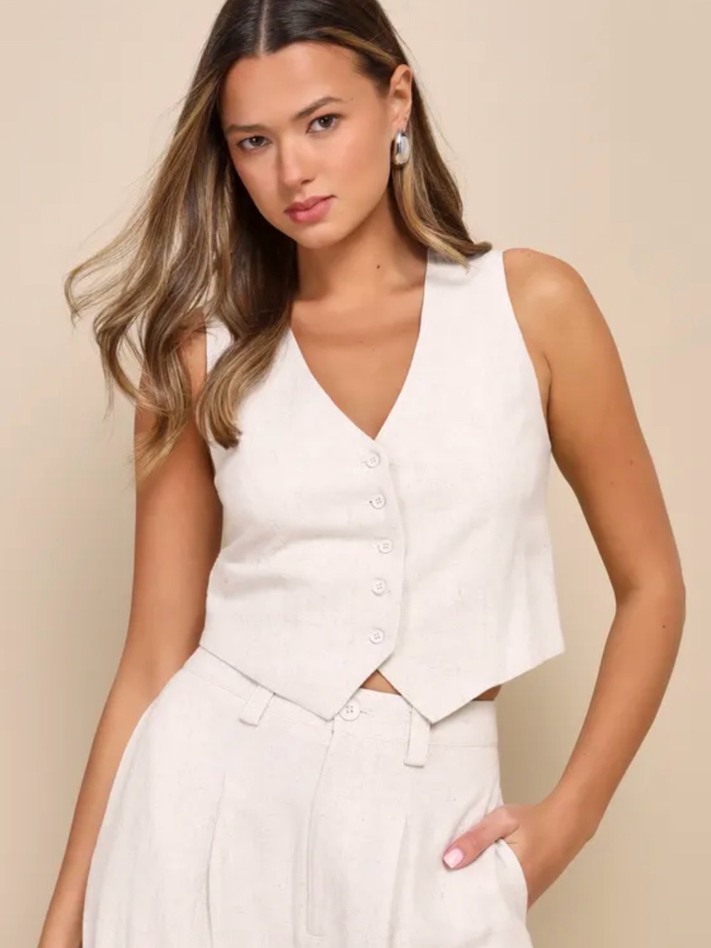 Lulu's Linen-Look Button Front Crop Vest in Ivory
